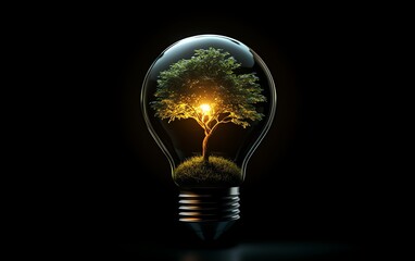 A glowing lightbulb with a tree flourishing inside, representing the growth of green energy investments and ecofriendly innovation