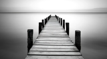 Fototapeta premium Serene Pier Extending to a Calm Lake Under a Monochromatic Sky