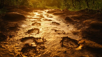 Fototapeta premium Winding Tracks Through a Muddy Path at Sunset