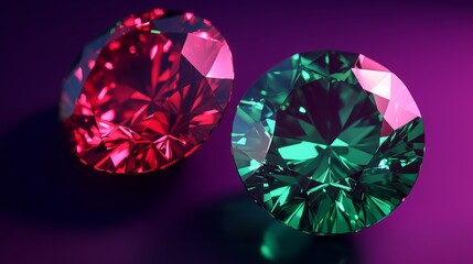 Shimmering emerald green and ruby red jewel tones set in a 3D rendering on a deep purple background. The centered negative space and high contrast highlight the vividness of the colors.