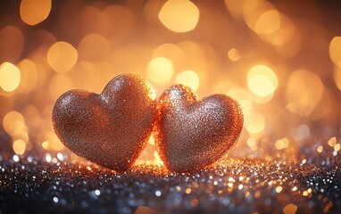 Fototapeta premium A romantic Valentines Day card with two hearts, glowing with silver glitter, and a warm, dreamy atmosphere