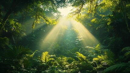 Sunbeams piercing lush green jungle canopy.