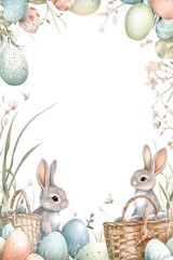 Adorable rabbits with colorful eggs near woven basket in a spring landscape filled with blooms, template for easter themed cards
