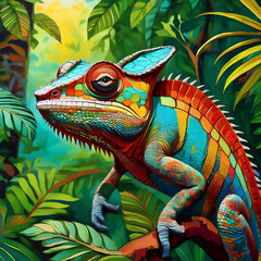 Fototapeta premium A Chameleon in a rainforest, vibrant colors, 3D, acrylic painting High Quality Image