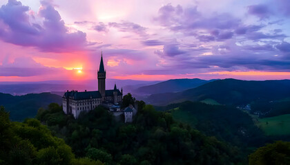 Fototapeta premium Majestic Castle at Sunset, Embracing a Dreamy Landscape