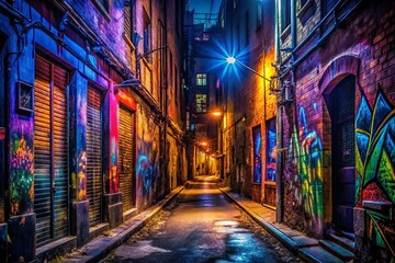Fototapeta premium Night Cityscape, Dramatic Lighting, Urban Exploration, Dark Alleyway, Mysterious Atmosphere
