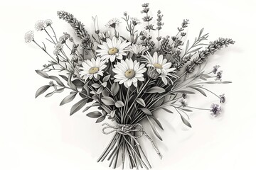A beautifully arranged bouquet of daisies and lavender showcasing nature's delicate elegance in monochrome.