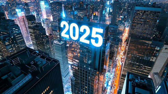 City skyline illuminated with 2025 lights, illustrating urban architecture, futuristic cityscape, modern development, nighttime scenery and vibrant metropolitan atmosphere.