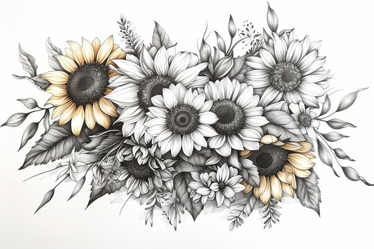 A beautiful sketch of sunflowers and blooming flowers, perfect for nature lovers and art enthusiasts.