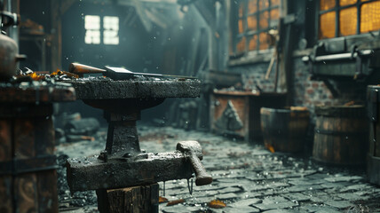 A solid anvil paired with a sturdy hammer rests in a blacksmith’s workshop, capturing the essence of traditional metalworking tools.