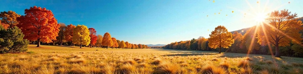 Obraz premium Autumn trees against a bright blue sky with sunshine, autumn, landscape, yellow