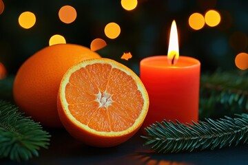 Christmas Oranges, Candle, and Pine Branch