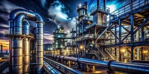 Night Industrial Plant: Metal Pipes & Deep Depth of Field Stock Photo