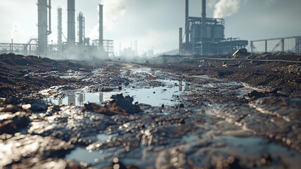 Soil Contaminated with Industrial Byproducts: A close-up showing the toxic byproducts of industry seeping into the soil, emphasizing the environmental consequences.