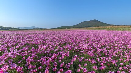 Fototapeta premium Breathtaking panoramic view of a vast field filled with blooming pink and purple flowers beneath a towering mountain range against a clear bright blue sky Serene picturesque and natural landscape
