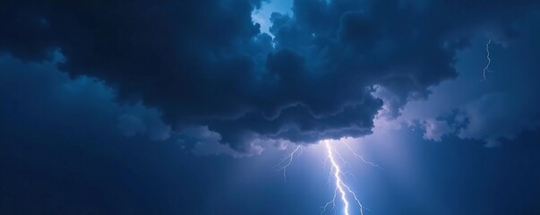 Fototapeta premium Dark stormy sky with thick grey clouds and bright lightning flashes, cloudy, night, lightning