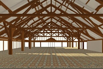 Interior view of a spacious wooden structure with a patterned floor and large windows.