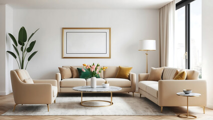 Fototapeta premium Living room interior background in farmhouse style