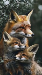 Fototapeta premium A close-up of a fox family, showcasing a parent fox with two playful kits.