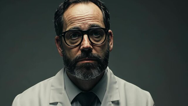 Doctor in a white coat looks contemplative under dim lighting during a medical consultation