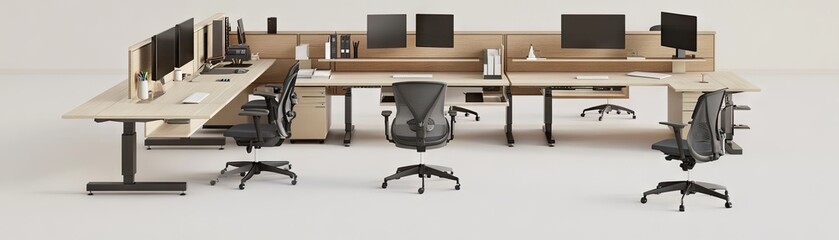 Modern office workspace with multiple desks and monitors for collaborative work.