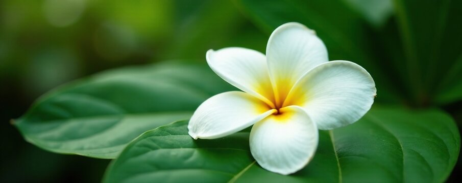 Delicate white frangipani petals resting on a large leaf, floral, white flowers, bloom