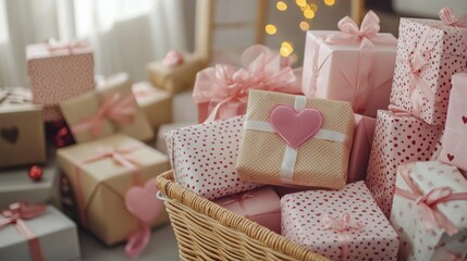 a cart full of gifts, wrapped gift boxes, surprise gift, concept of preparing gifts for celebrations, congratulations on Valentine's Day, happy birthday, mother's day