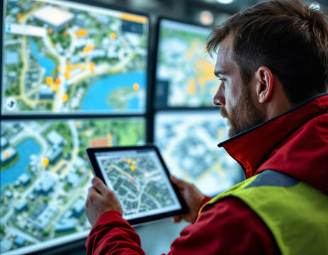 Professional monitoring and analysis of urban layouts through multiple digital displays showcasing maps and data in a contemporary control room setting