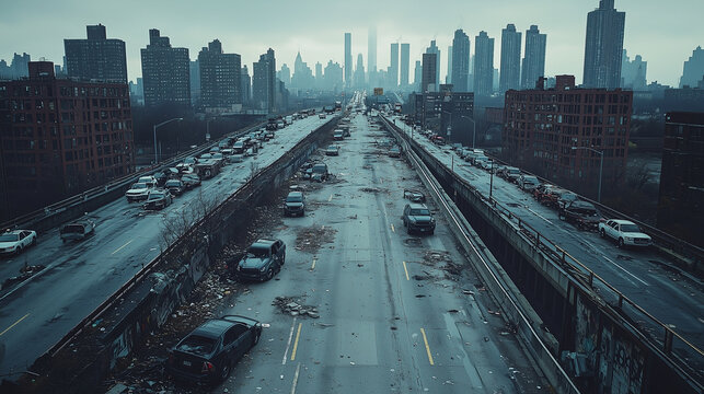 Abandoned urban highway with overcast skyscraper skyline and deteriorating road lined with empty vehicles in a desolate cityscape