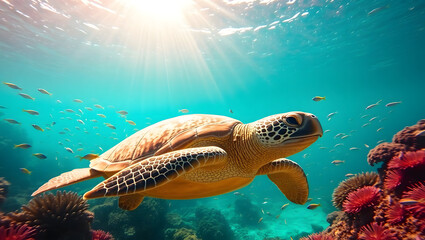Fototapeta premium underwater scene set against a warm, turquoise background, teeming with vibrant