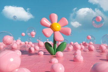 A cheerful pink flower blooms amidst pink bubbles and a pastel landscape.