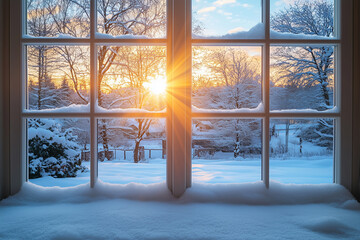 Winter sunset viewed through a snowy window