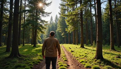 Fototapeta premium Person walking through pine forest in midday light, nature's presence