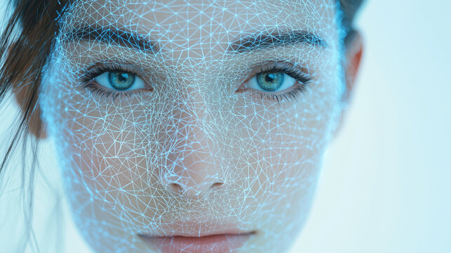 Futuristic digital face overlay on young woman's face highlighting advanced facial recognition technology and innovative blue grid network