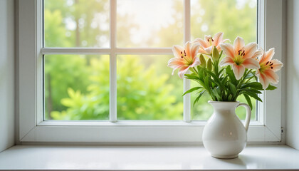 Vase of lilies on windowsill in daytime, symbolism of anosmia