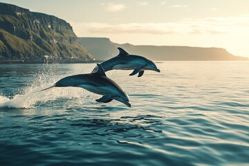 Obraz premium happy dolphins jumping out of the water whit generative ai