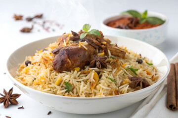 Authentic Chicken Biryani served in a bowl or plate. Selective focus