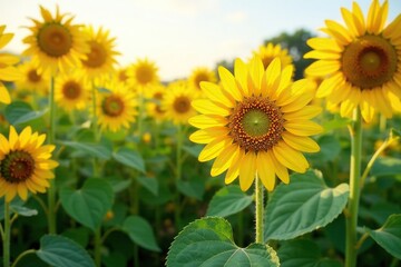 Fototapeta premium Field of tall sunflowers in full bloom with bright yellow petals, flowers, nature