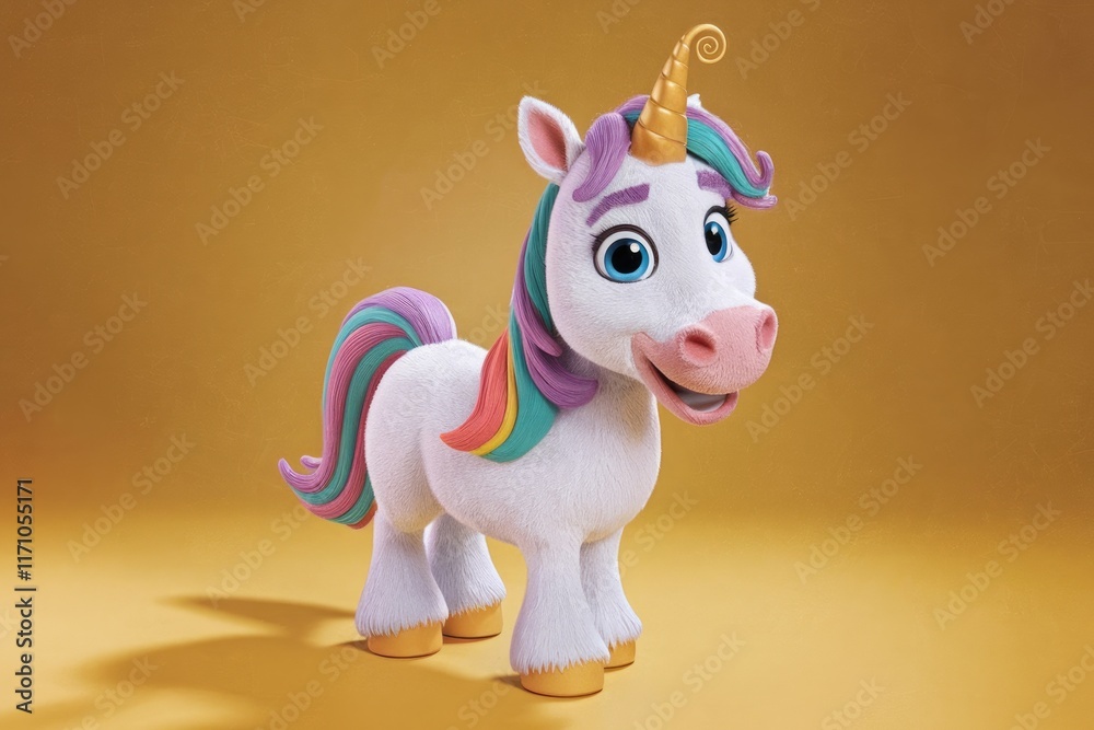 Poster Adorable 3D-rendered unicorn with rainbow mane and tail, standing on a yellow background.