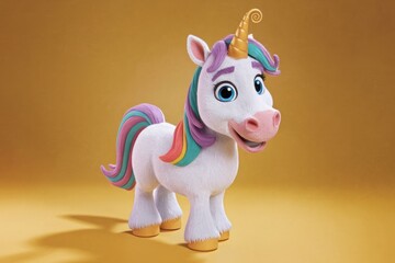 Adorable 3D-rendered unicorn with rainbow mane and tail, standing on a yellow background.