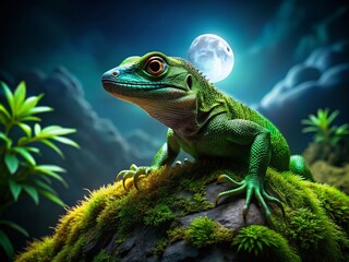 Fototapeta premium Nocturnal Lizard, Night Reptile, Creeping in Darkness, Wildlife Photography, Green Lizard at Night