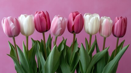 Fototapeta premium Colorful tulips arranged beautifully against a pink background in a spring floral display
