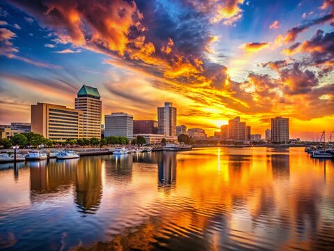 Norfolk Virginia Sunset Port City Skyline - Dramatic Golden Hour View