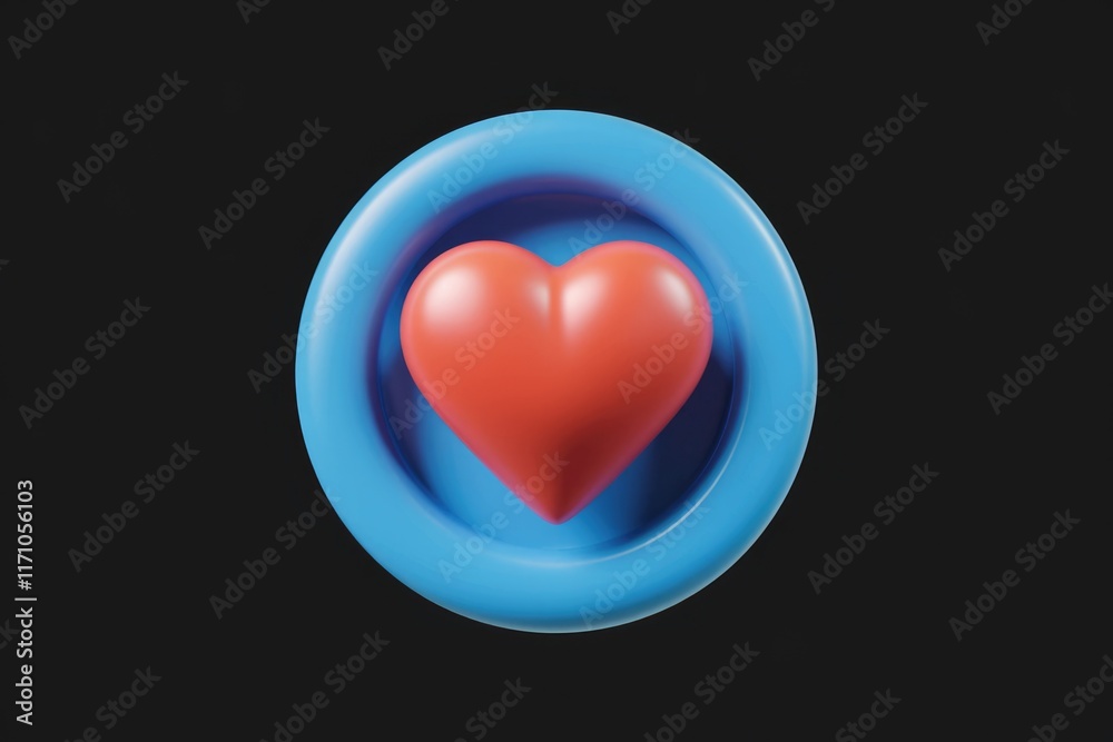 Poster a 3d rendered image showing a coral heart nestled inside a vibrant blue circular frame against a sta