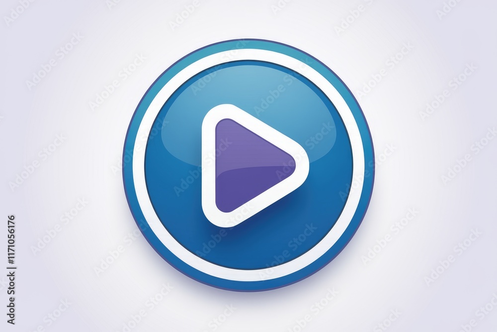 Poster glossy blue circle button with a purple play icon, symbolizing media playback.