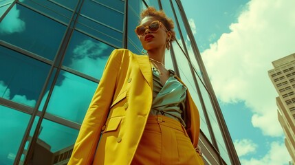 A stylish fashion photoshoot featuring a confident model in a chic urban environment, donning the latest trend-setting attire. The composition highlights the model's poise and the vibrant colors 