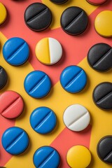 Fototapeta premium Colorful Pills Healthcare Abstract, Tablets on Bright Background in Geometric Arrangement