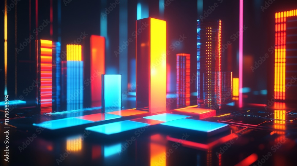Poster An abstract D financial bar graph with stylized bars of varying heights, set against a dark background with digital effects, representing innovative financial analysis.