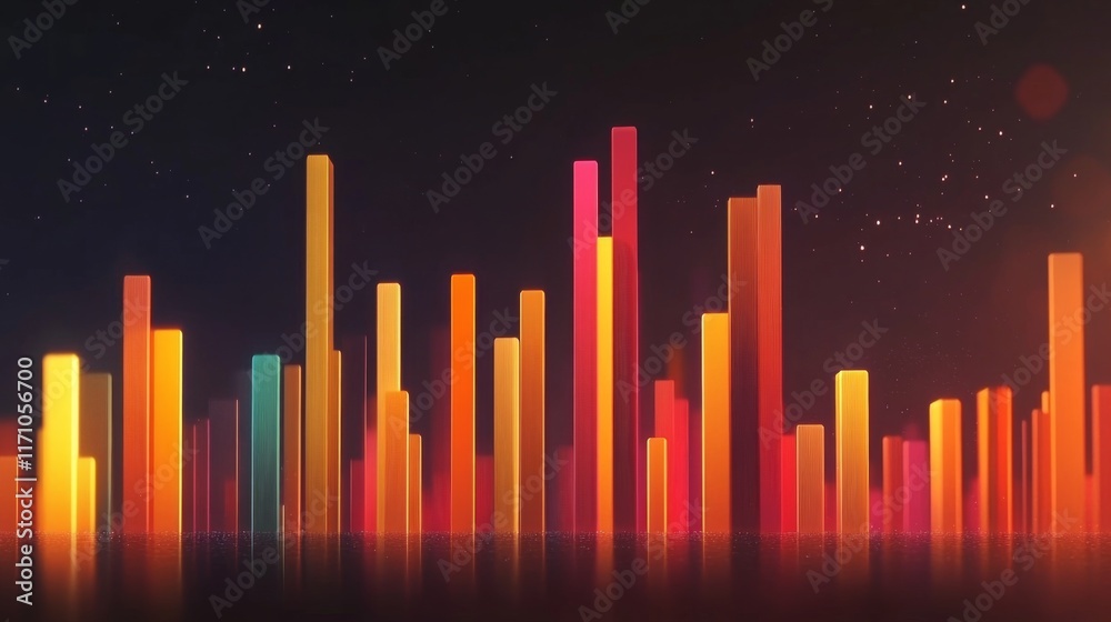 Fototapete An abstract D financial bar graph with stylized bars of varying heights, set against a dark background with digital effects, representing innovative financial analysis.