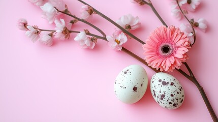 Obraz premium Decorative eggs and flowers arranged on a pastel pink background for spring celebration